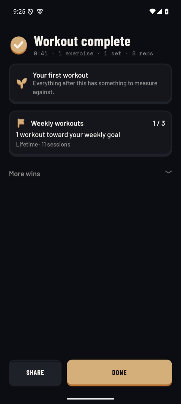 Train on Purpose after a workout: Workout complete, your first workout, and one workout counted toward a weekly goal of three.