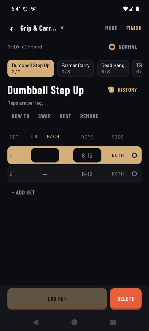 Train on Purpose during a workout: Dumbbell Step Up with two sets of 8 to 12 reps, other exercises in the session above, and a Log set button.