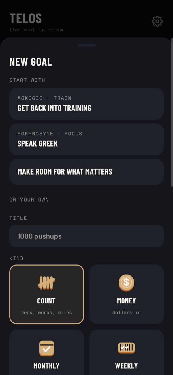 The Days on Purpose web app on a phone: a New goal sheet offering starting points — Get back into training, Speak Greek, Make room for what matters — or a goal of your own.